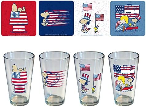 Патриотски Кикирики Snoopy Подароци 16oz Пивце Стакло Сет од 4 w/ Coasters | Американското Знаме Пиво Очила | Пиење Очила
