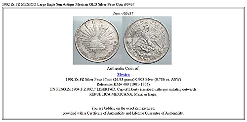 1902 година MX 1902 година Zs FZ МЕКСИКО Големи Акила Сонцето Антички Mexica 1 Peso Добра Uncertified