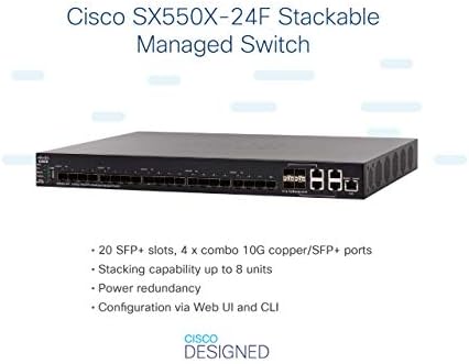Cisco SX550X-24F Пластовидно Managed Switch, 24 Порти 10 Gigabit Ethernet (GbE), 20 Слотови SFP+, 4 x 10G од Комбо SFP+,