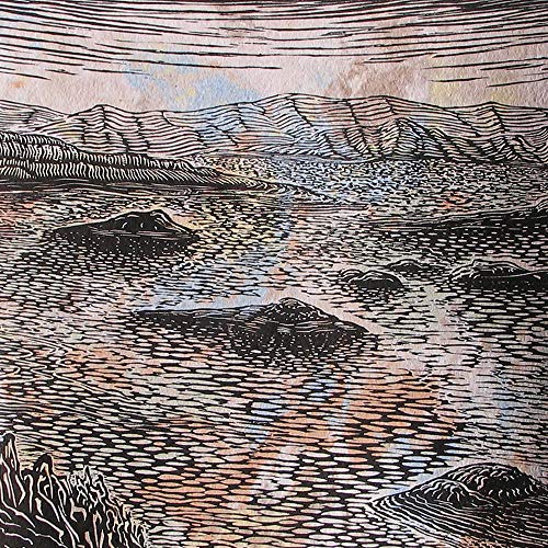 Woodcut Печати Југозападниот Mojave Desert Пејзаж Класичен WoodblockLake Медовина Приказ на рачно изработени Хартија